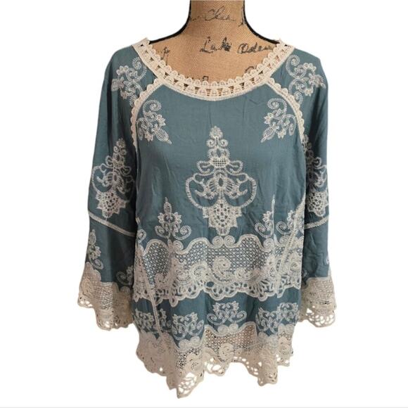 Democracy Raglan Sleeve Crochet Trim Peasant‎ Blouse Plus Size 2X New! - Picture 2 of 10